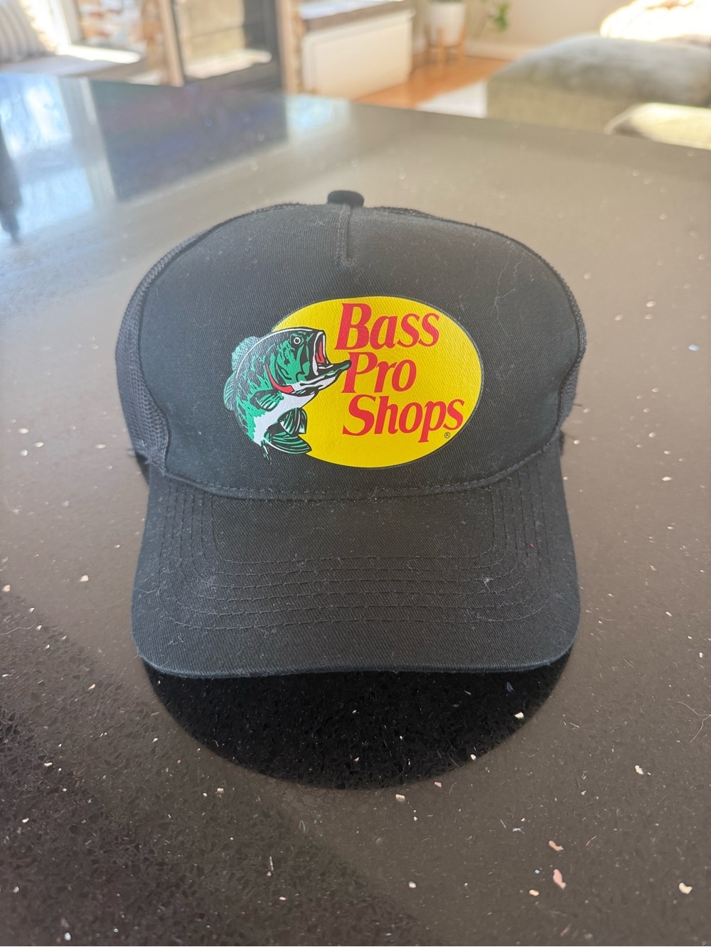 Bass Pro Shops Black Hat with Yellow Logo and Green Fish